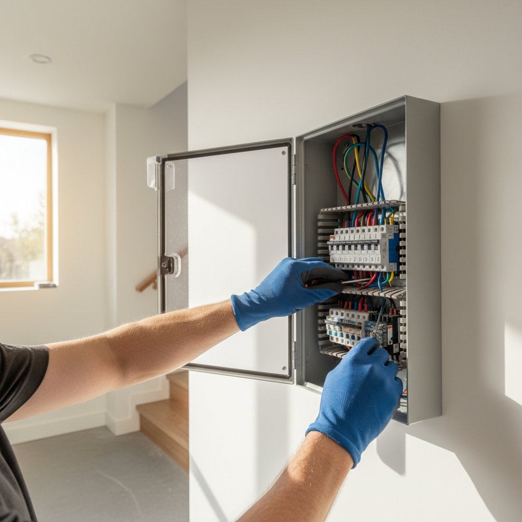 Professional electrician installing electrical wiring system in London residential property